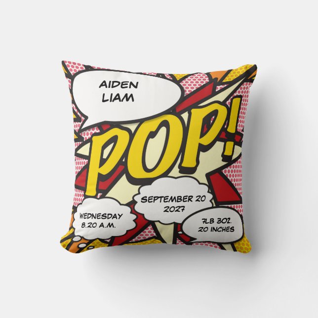Baby Birth Stats Comic Book Pop Art Keepsake Cushion (Front)
