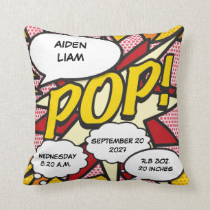 Baby Birth Stats Comic Book Pop Art Keepsake Cushion