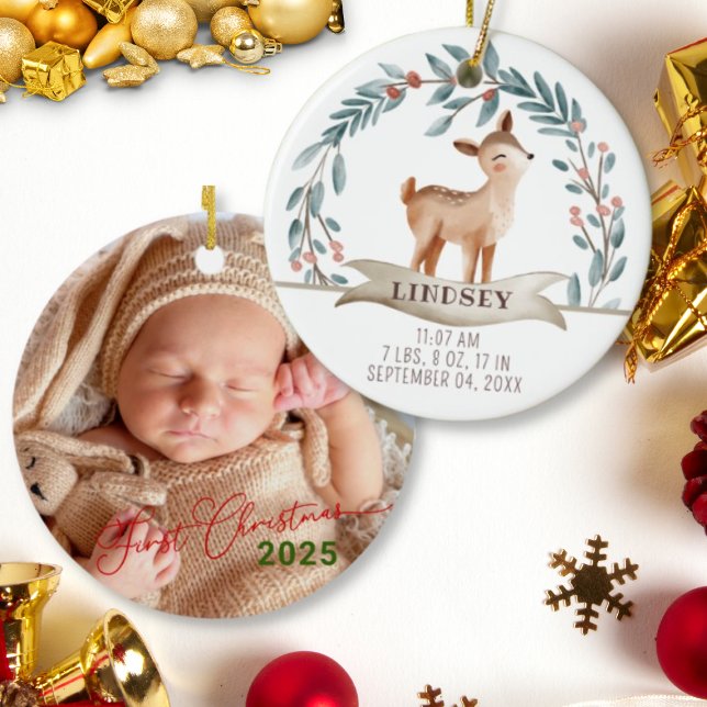 Baby Birth Stats Deer Photo Baby's 1st Christmas  Ceramic Tree Decoration (Creator Uploaded)