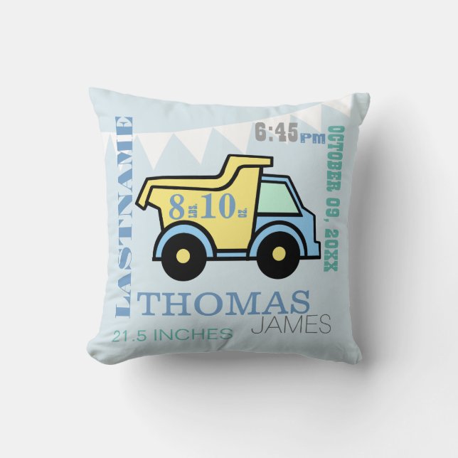 Baby Birth Stats Dump Truck Cushion (Front)
