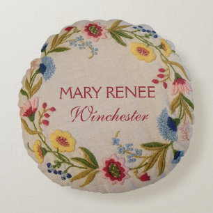 Baby Birth Stats   Floral Embroidery Look Nursery Round Cushion