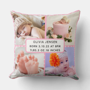 Baby Birth Stats Four Photo Collage pink polka dot Cushion