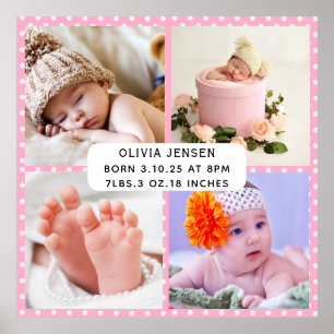 Baby Birth Stats Four Photo Collage pink polka dot Poster