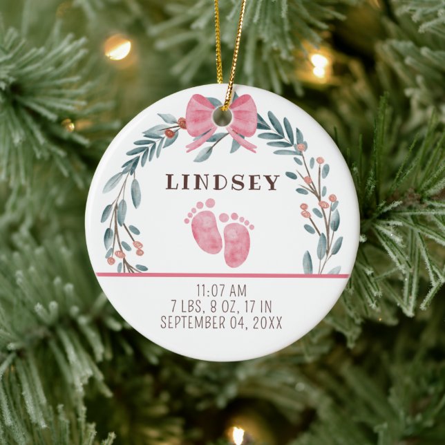 Baby Birth Stats Girl Photo Baby's 1st Christmas  Ceramic Tree Decoration (Tree)