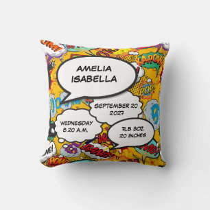Baby Birth Stats Modern Fun Comic Book Keepsake Cushion