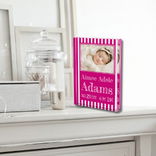 Baby Birth Stats Photo Block   Magenta Stripes