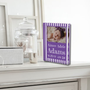 Baby Birth Stats Photo Block   Purple Stripes