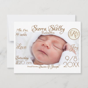 Baby Birth Stats & Photo Monogram Custom Keepsake Card