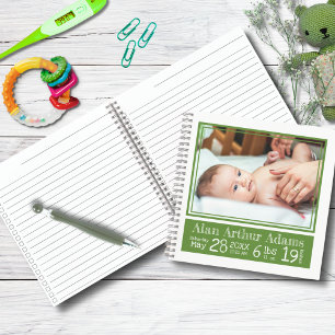 Baby Birth Stats Photo Notebook Green Stripes