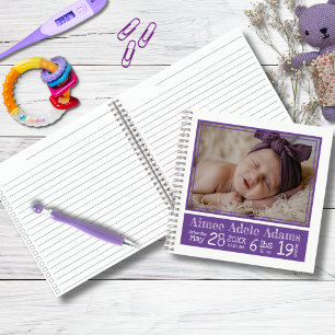 Baby Birth Stats Photo Notebook Purple Stripes