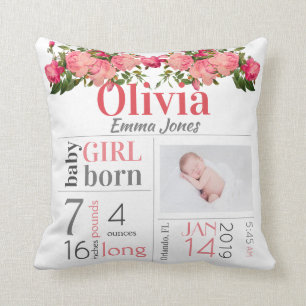 Baby Birth Stats Pink and Peach Floral Cushion