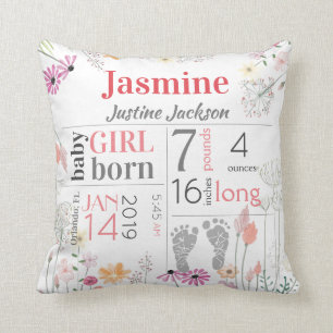 Baby Birth Stats Pink and Peach Flowers Footprint Cushion