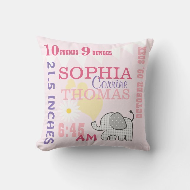 Baby Birth Stats Pink Birthday Weight Cushion (Front)