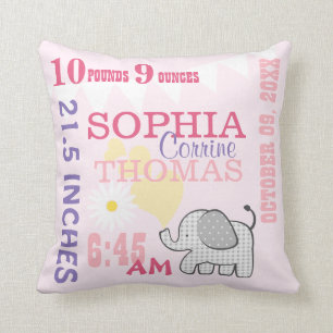 Baby Birth Stats Pink Birthday Weight Cushion