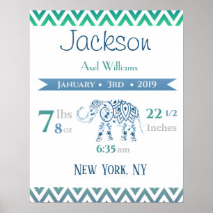Baby Birth Stats Sign Elephant Blue & Green
