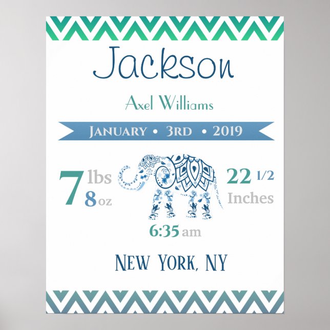 Baby Birth Stats Sign Elephant Blue & Green (Front)