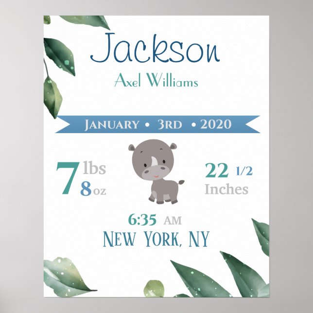 Baby Birth Stats Sign Elephant Blue & Green (Front)