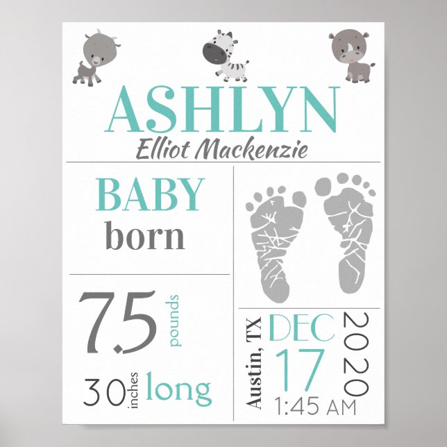 Baby Birth Stats Sign Footprint and Zoo Animals (Front)
