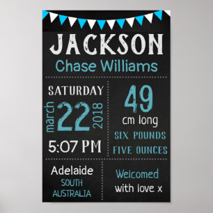 Baby Birth Stats Wall Print Poster – Blue Chalk