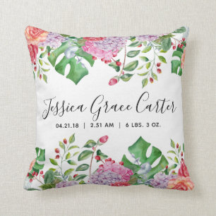 Baby Birth Stats, Watercolor Tropical Floral Decor Cushion