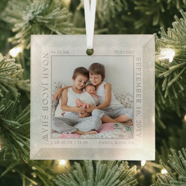 Baby Birth Stats White Snowflake Photo Frame Glass Tree Decoration (Insitu)