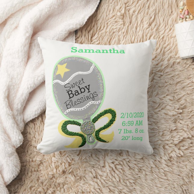 Baby Birth Stats Yellow Green Rattle Pillow (Blanket)