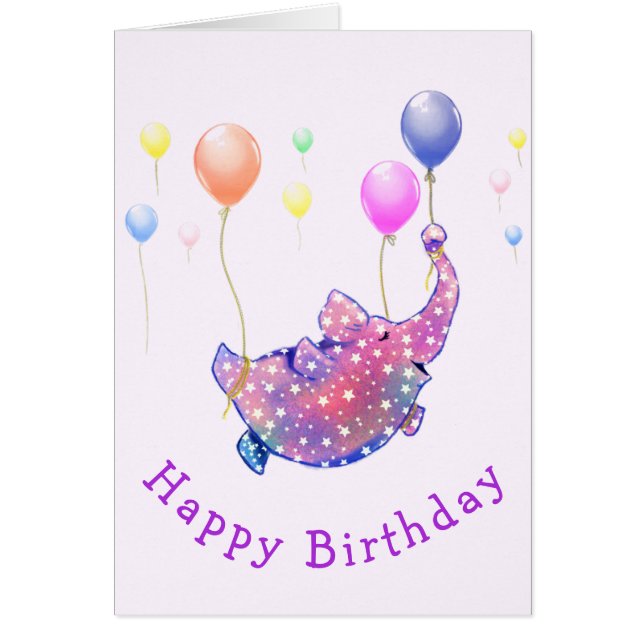 Baby Birthday Card Elephant Flying with Balloons (Front)