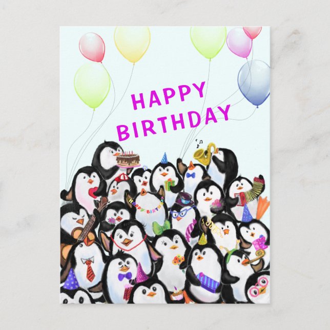 Baby Birthday Card Happy Penguins Party (Front)