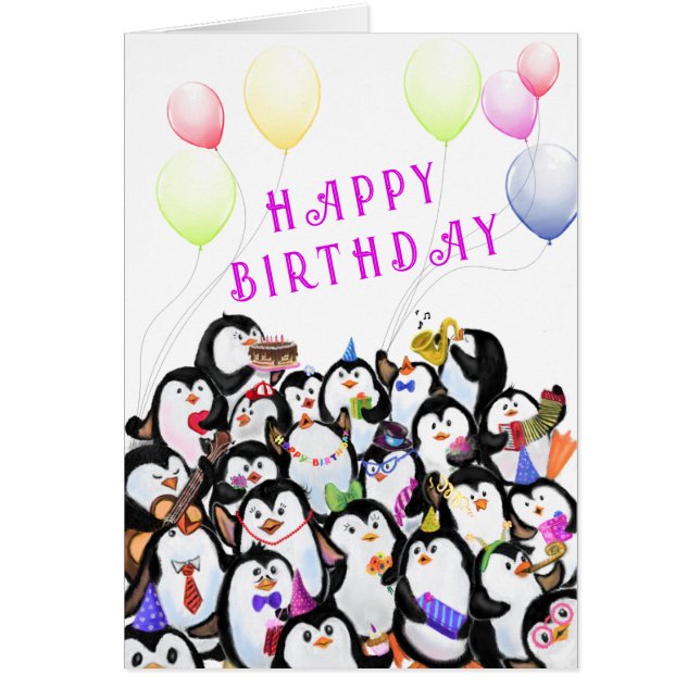 Baby Birthday Card Happy Penguins Party Your Text (Front)