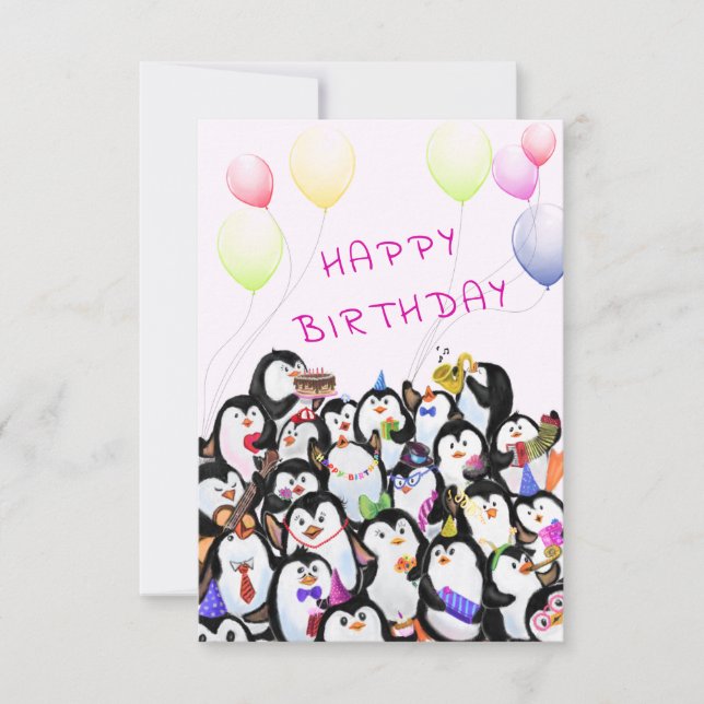 Baby Birthday Card Penguins Party - Your Text Name (Front)
