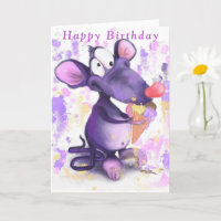 Baby Birthday Card Purple Mouse with Ice Cream