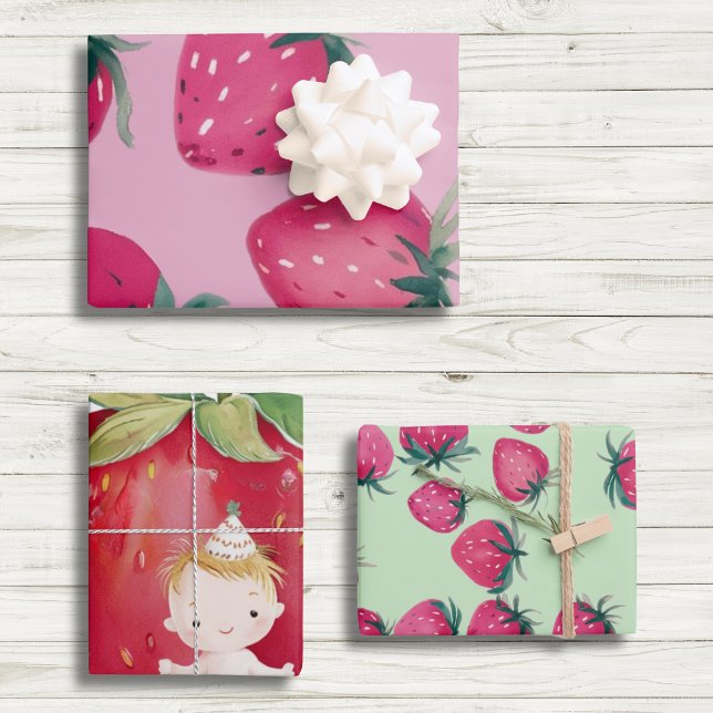 Baby birthday Strawberry wrap Strawberries in Pink Wrapping Paper Sheet (Creator Uploaded)