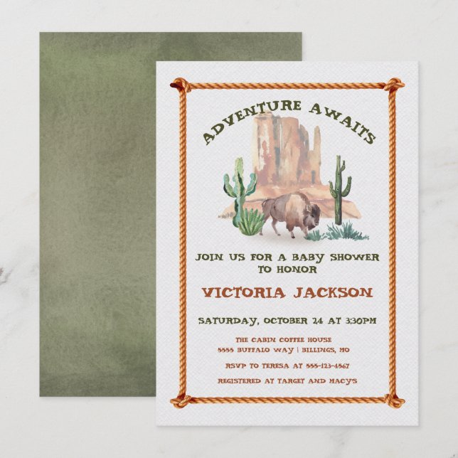 Baby Bison Buffalo Western Landscape Baby Shower Invitation (Front/Back)