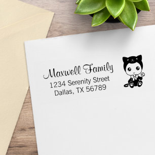 Baby Black Cat Costume Family Address Rubber Stamp