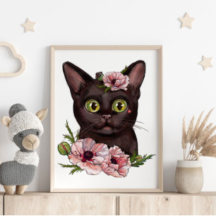 Baby Black Cat Rose Animal Poster Wall Print