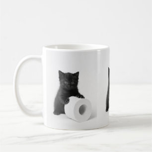 Baby Black Kitten Guarding Toilet Paper Roll On Coffee Mug