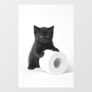 Baby Black Kitten Guarding Toilet Paper Roll On Window Cling