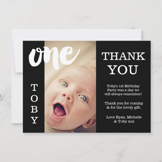 Baby Black & White 1st Birthday Thank You Card (Front)