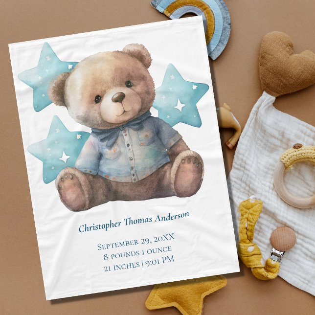 Baby Blanket Birth Stats Baby Bear Blue Boy Gift (Creator Uploaded)