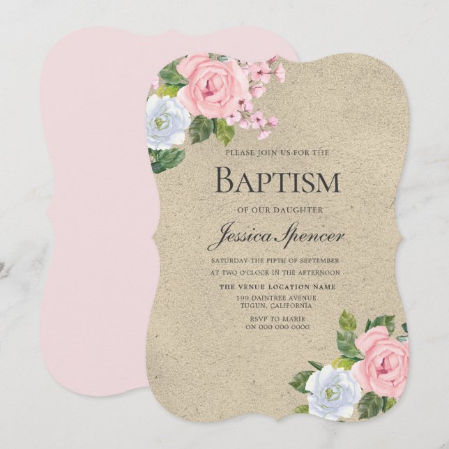 Baby Blessing Pink Floral Baby Girl Baptism Invite (Front/Back)