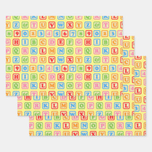 Baby block alphabet numbers colourful nursery wrapping paper sheet