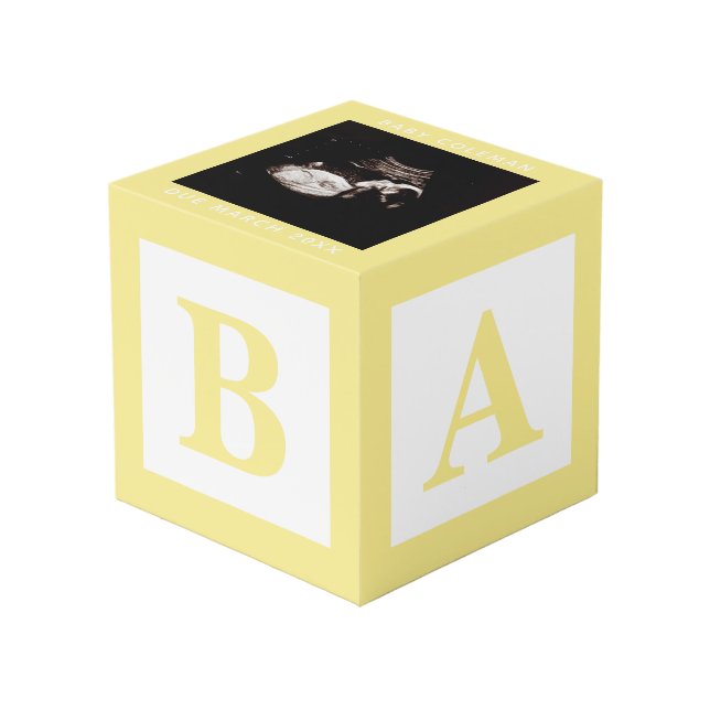 Baby Block Sonogram Pregnancy Announcement Photo Cube (Front Angled)