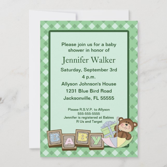 Baby Blocks Baby Shower - Green Invitation (Front)