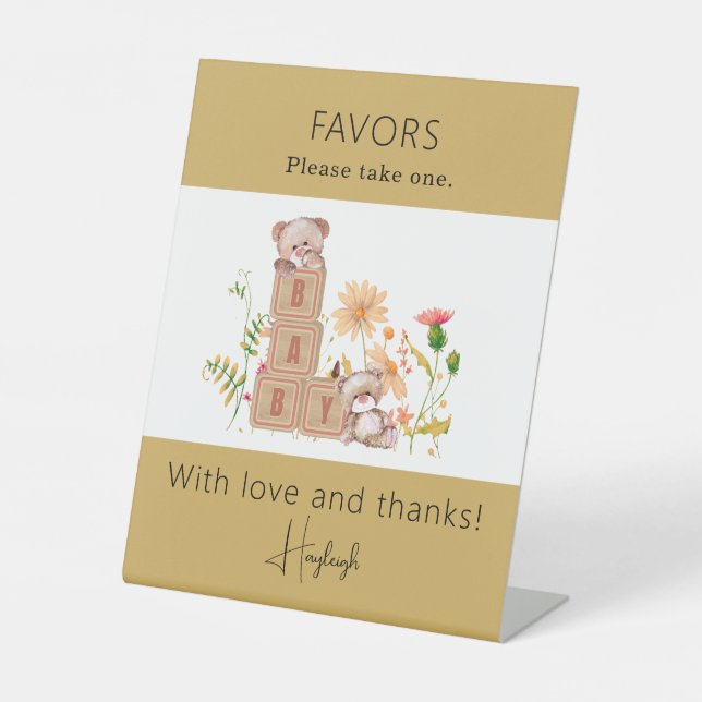 Baby Blocks, Bears, and Wildflowers Favour Pedestal Sign (Front)