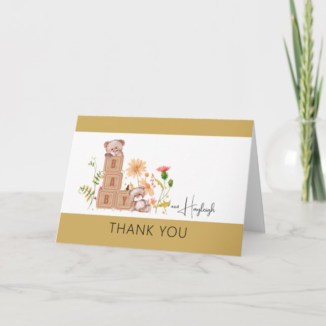 Baby Blocks, Bears, and Wildflowers Thank You Card (Front)