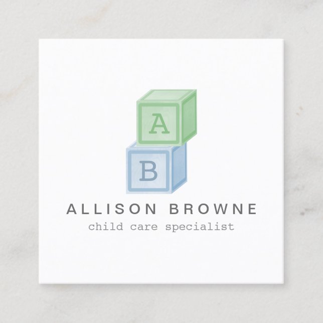 Baby Blocks Monogram Babysitter Green/Blue Square Business Card (Front)