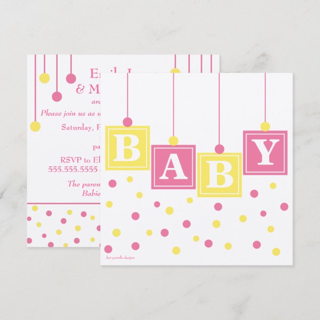 BABY Blocks Pink Yellow Girl Couples Baby Shower Invitation (Front/Back)