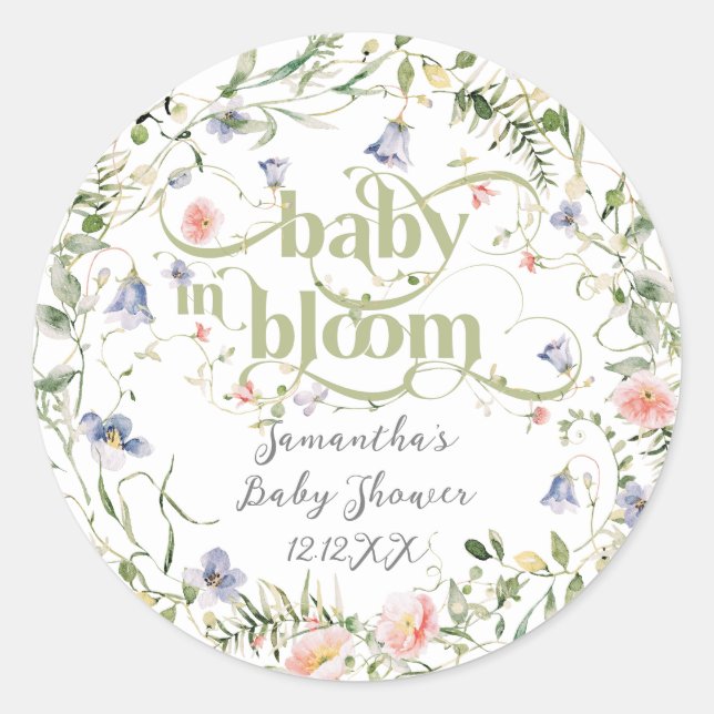 Baby Bloom Wildflower Modern Neutral Baby Shower Classic Round Sticker (Front)