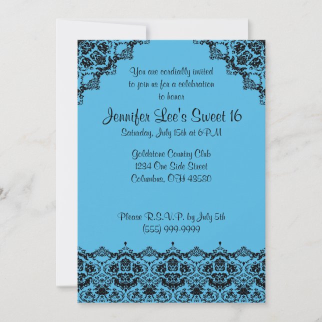 Baby Blue and Black Elegant Sweet16 Invitation (Front)