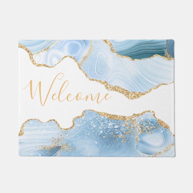 Baby Blue and Faux Gold Glitter Marble Agate Doormat (Front)